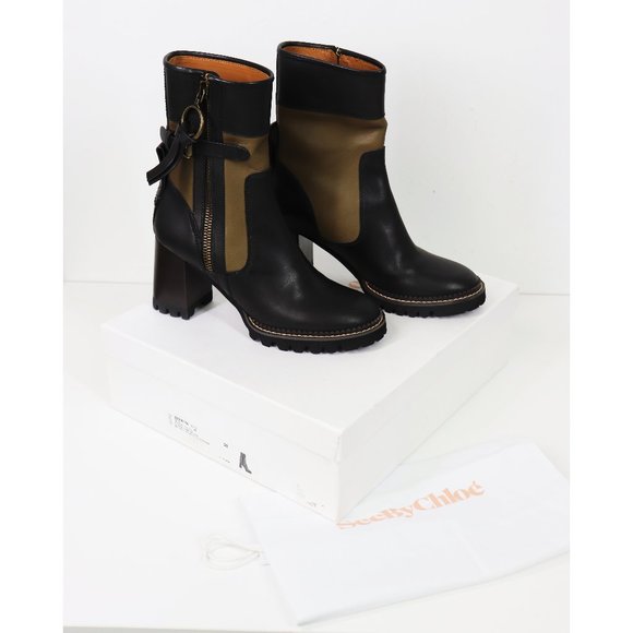 NWT See By Chloe Bryn Bootie Chunky Heel Ankle Boot Natural Calf Nero & Savana - Picture 6 of 10